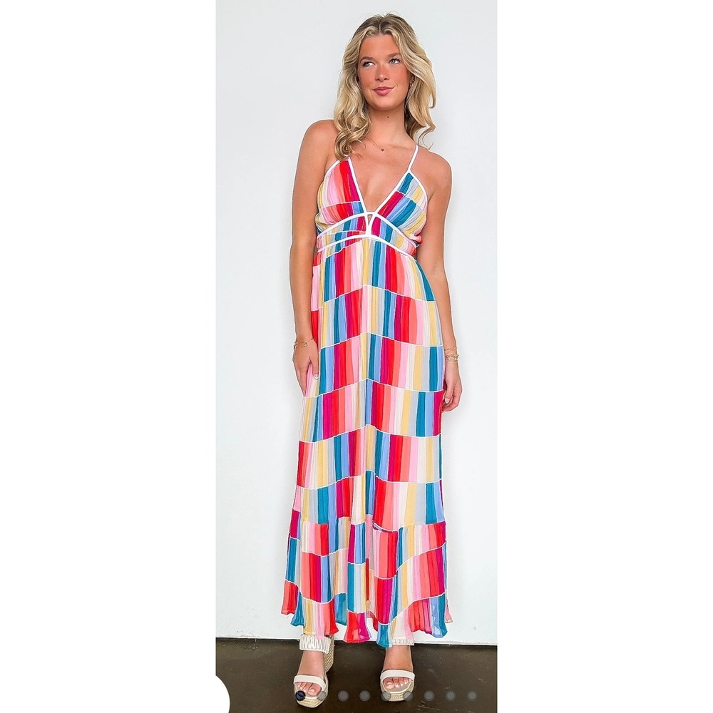 Fate Rainbow Block Pleated Patchwork Maxi Dress Large V-Neck Dopamine Event